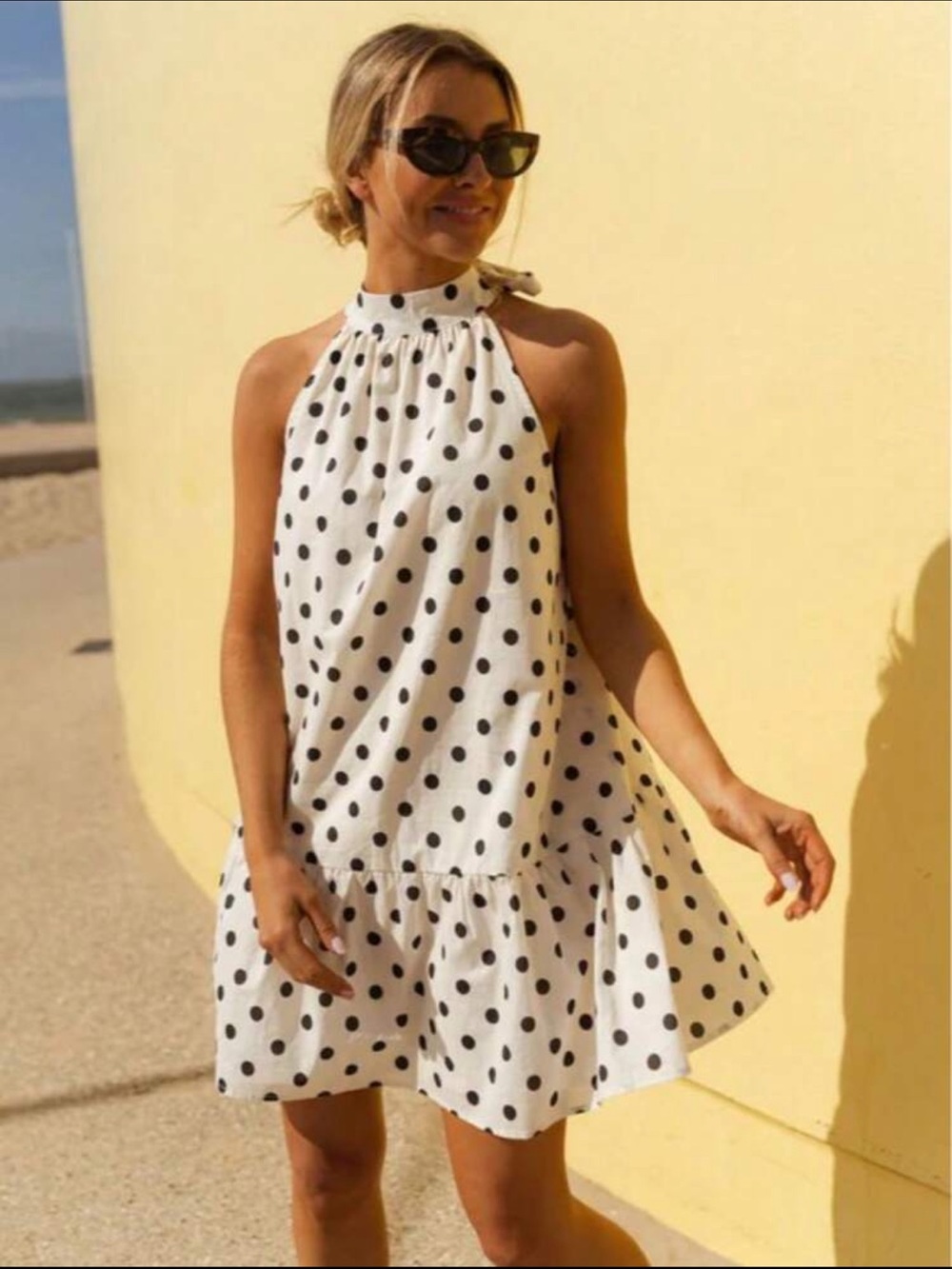 Polka Dot Halter Dress - Cream with Black Dots